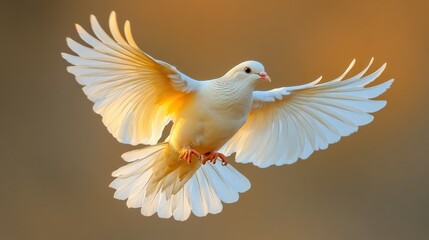 Fototapeta premium A majestic, pale yellow-white dove in flight. Its wings are outstretched, showcasing delicate feather details. The soft light highlights the bird's beauty