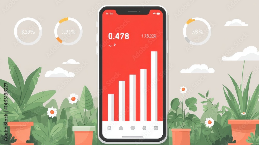 Aufkleber Smartphone App Displaying Financial Data with Plants and Nature Background