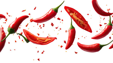Flying and Falling Red Chili Peppers with Slices on Transparent Background