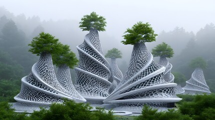 Whimsical Fantasy Forest Surreal Spiral Trees in Foggy Digital Landscape