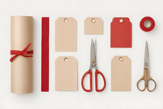 Crafting Essentials: A top-down shot presents an array of craft supplies neatly arranged. The layout emphasizes the creative possibilities with neatly arrayed elements.
