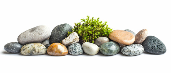 Colorful Pebbles And Moss Arrangement On White Background