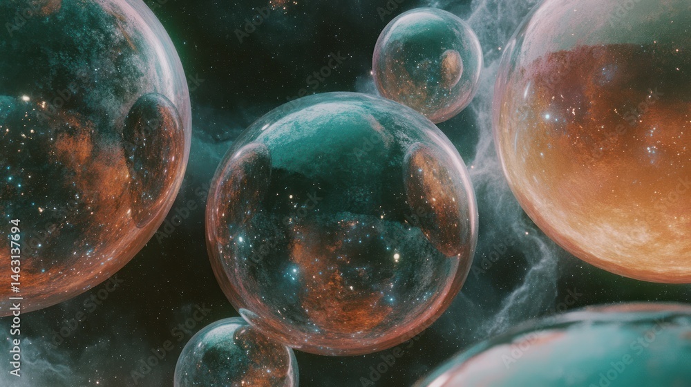 Wall mural spherical transparent bubbles floating in the vastness of outer space