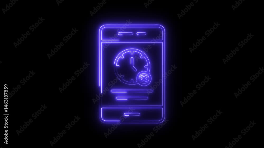 Poster neon mobile phone clock app with timer cancellation glowing on black background
