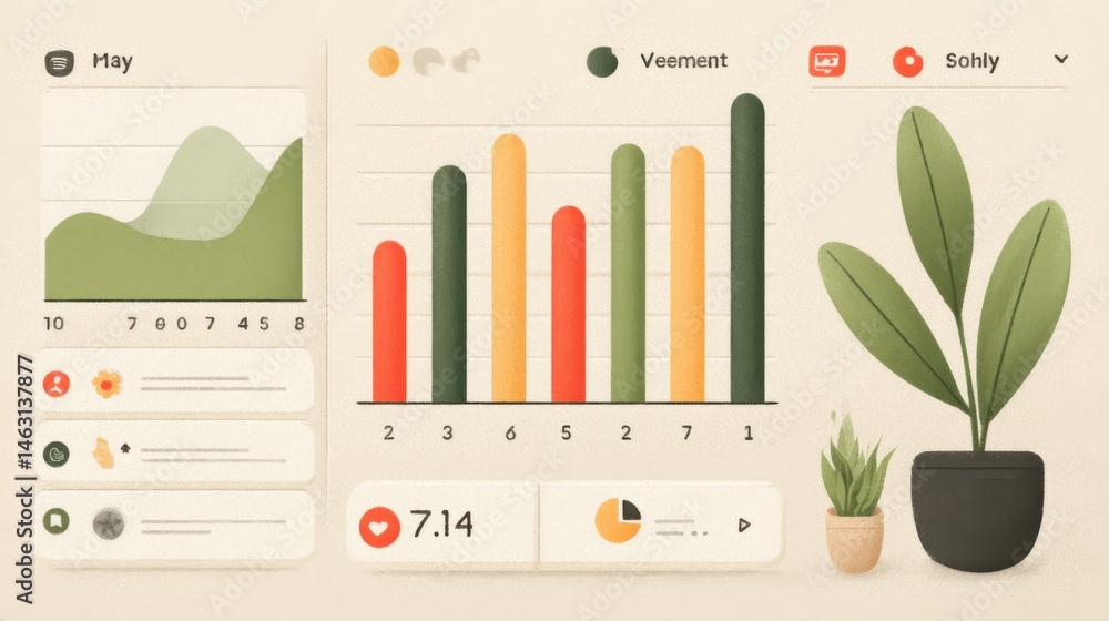 Poster Stylish and modern data visualization dashboard with plant elements and user interface.