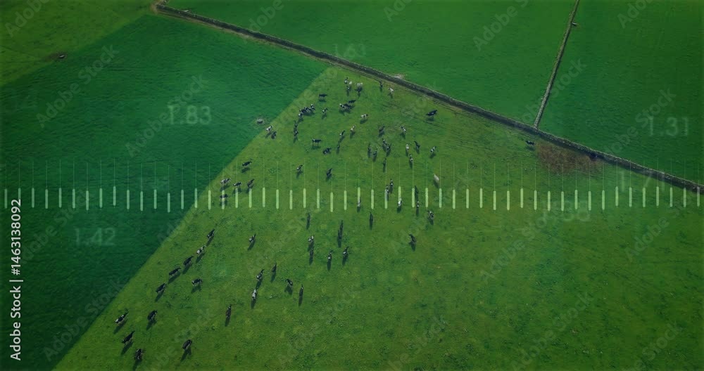 Aufkleber top-down view showing cows grazing across pasture, overlaying flat design charts and data readouts