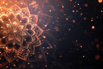 Intricate Golden Mandala on Dark Backdrop with Sparkling Bokeh Lights Design