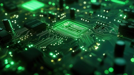 Fototapeta premium Futuristic green glowing circuit board illustration with high-tech components