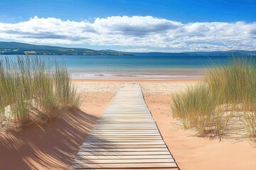 Wooden walkway leads to a sandy beach, serene lake vista. Sunny day, with grasses and dunes