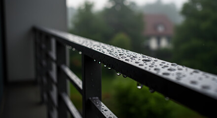 Fototapeta premium Raindrops Cascade On Railing In Muted Tones With Residential View