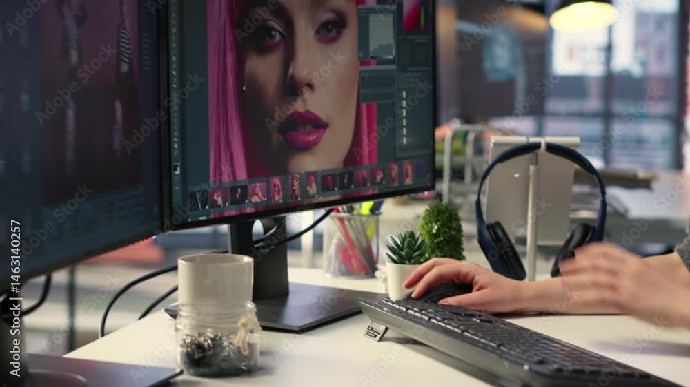 Fototapete Designer uses AI software to turn text prompt into photos and editing the skin, working with retouching interface program for post production. Text to image generative models at desk. Camera B.