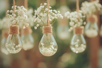 Floral Elegance: A close-up shot showcases delicate white blossoms artfully arranged within vintage light bulbs, exuding a warm, inviting ambiance, evoking a sense of beauty and timeless charm.