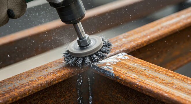 Close-up of a gloved hand operating a power drill with a wire brush attachment, actively removing thick rust from aged metal I-beams.