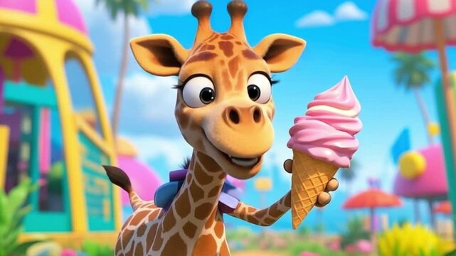 Playful 3D animated cartoon giraffe happily holding an ice cream cone, with a bright and colorful background and a cheerful expression, video download.