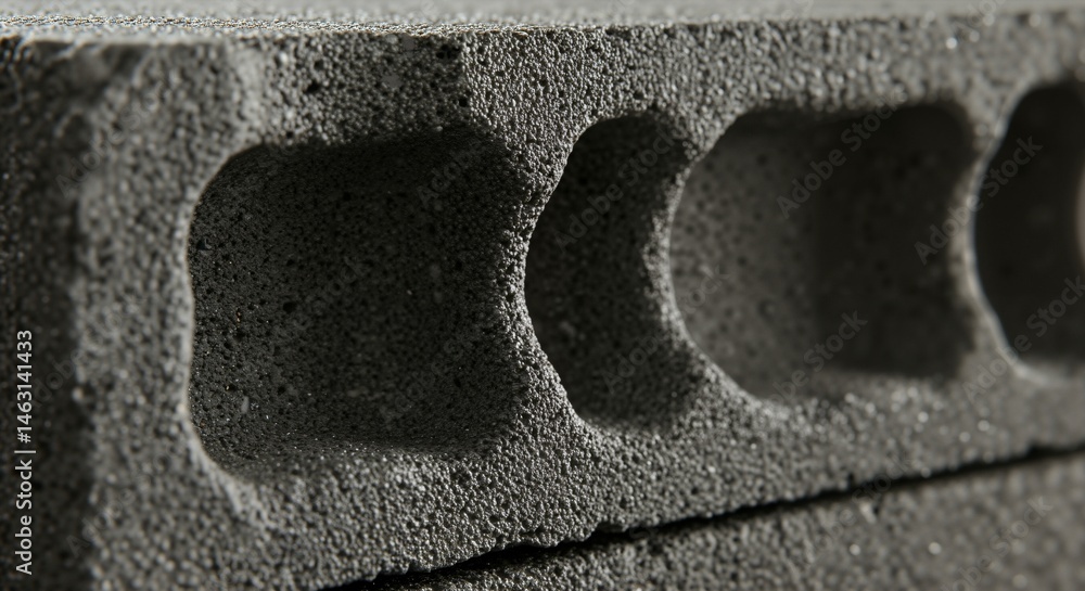 Aufkleber close-up detail of a dark gray, porous construction block featuring a row of repeating semi-circular