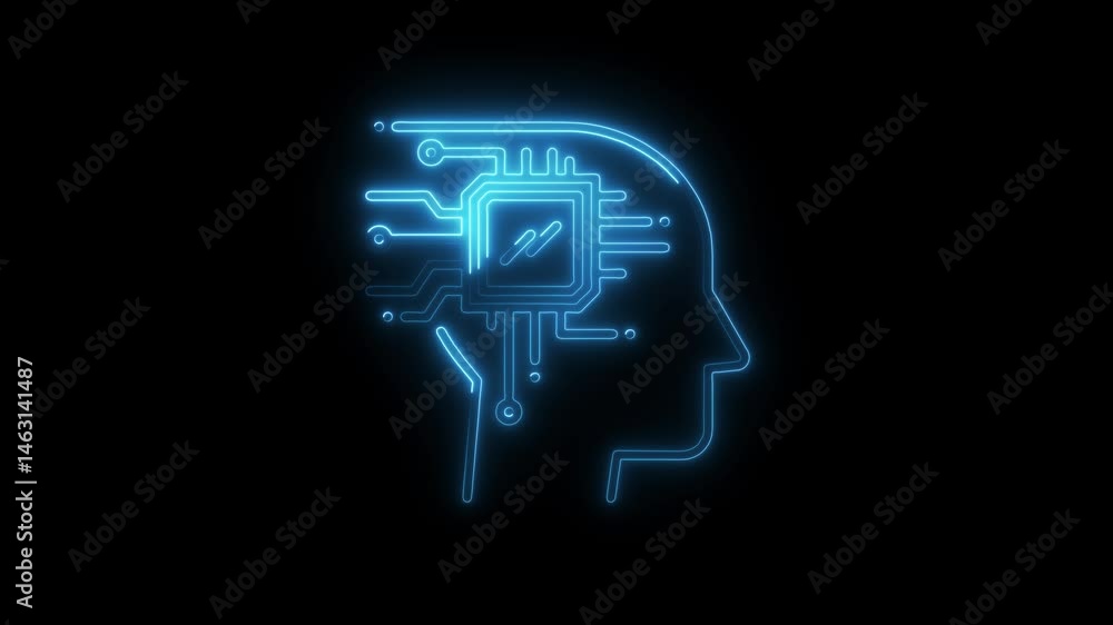 Poster ai brain conceptual visualization with glowing neon circuitry on black background