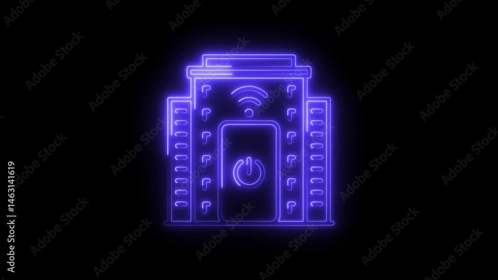 Poster neon smart building outline with power button and wifi connectivity on black background