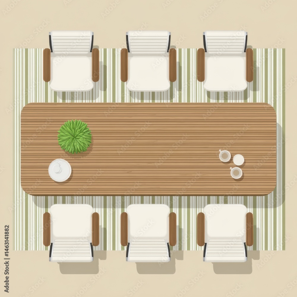 Poster top-down view of a meeting room table set with chairs and decorative elements