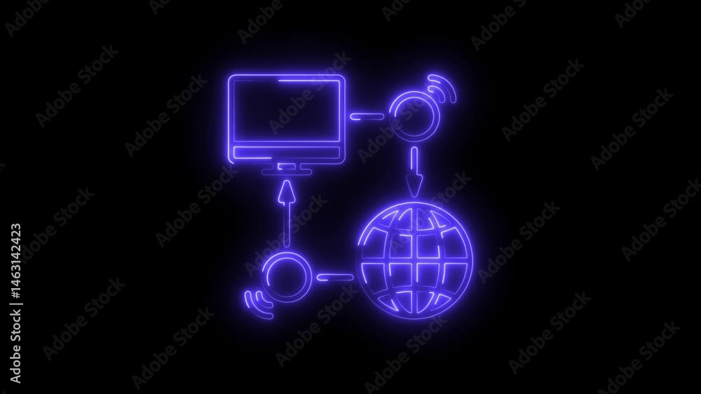 Poster neon network connecting computer to globe over black background technology concept
