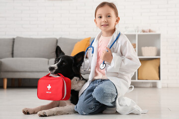 Cute little doctor and dog with first aid kit at home