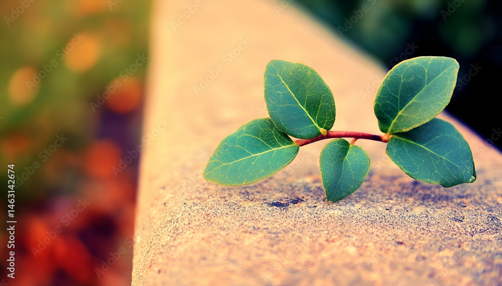 Poster delicate sprig of vibrant green leaves sprouting from a textured surface, shallow depth of field, so