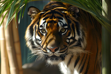 Majestic Sumatran tiger peering from behind lush tropical foliage, intense gaze, captivating wildlife photography.