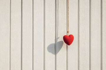 Hanging Red Heart: A charming red heart, suspended by a simple string against the backdrop of textured wood, evoking themes of love, warmth, and simplicity. 