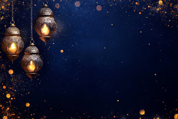 Naklejka premium Ornate Gold Lanterns on Chains Sparkly Blue Backdrop Festive Elegant Design