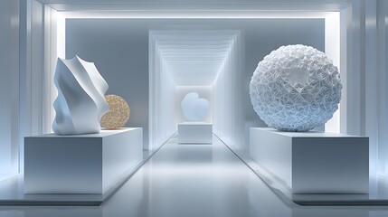 Modern Gallery Interior with White Abstract Sculptures