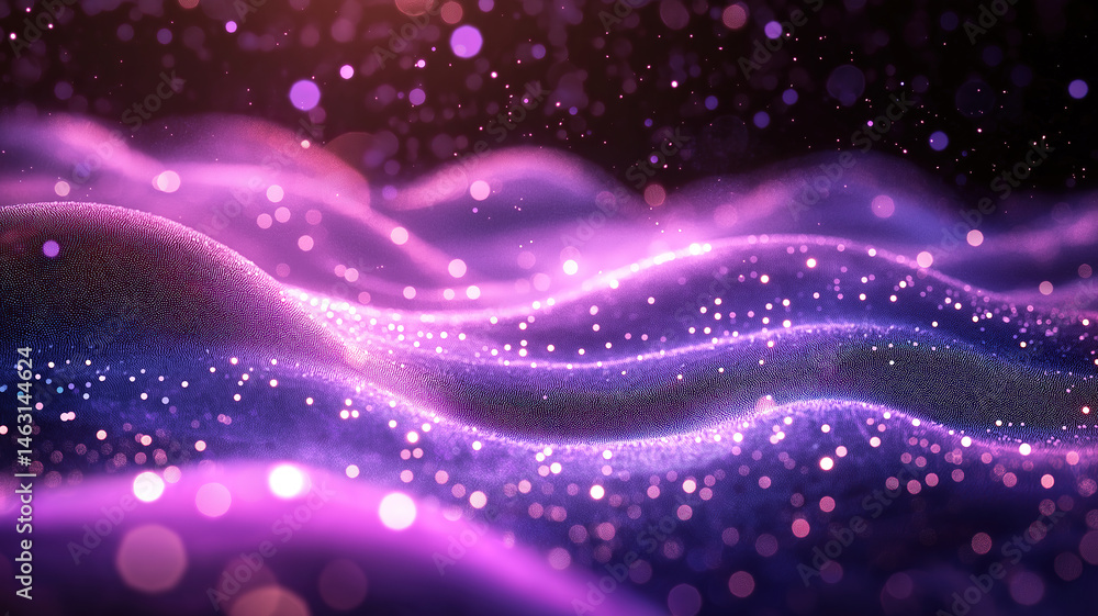 Poster abstract purple background featuring flowing particle waves with glowing lights and twinkling stars
