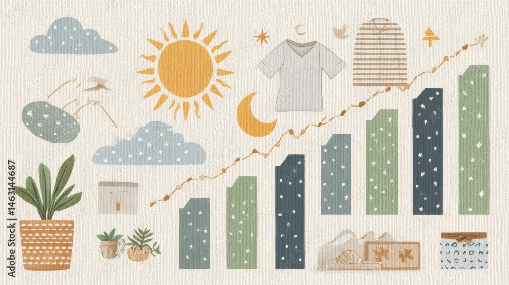Poster whimsical illustration of growth and progress with decorative elements.