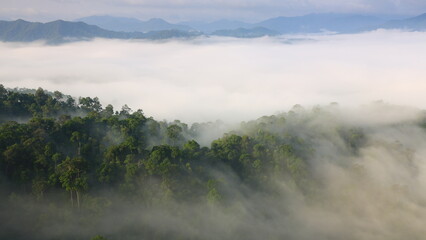 The morning fog evaporating from the valley of the Phetchaburi river and can be seen in the early...