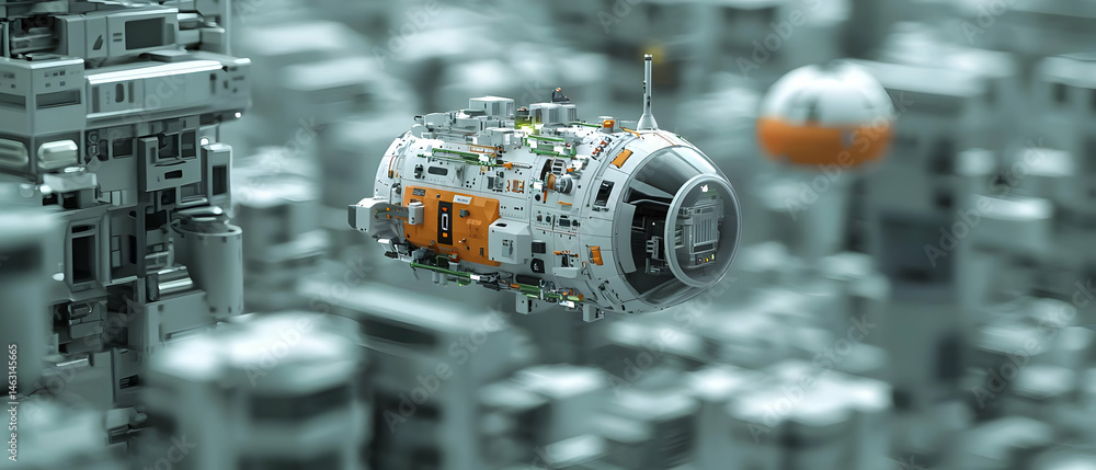 Poster futuristic cityscape with floating spaceship structure
