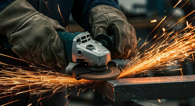 Close-up of a worker's gloved hands operating an angle grinder on a metal beam, sending a shower of bright orange sparks into the air in a workshop setting.