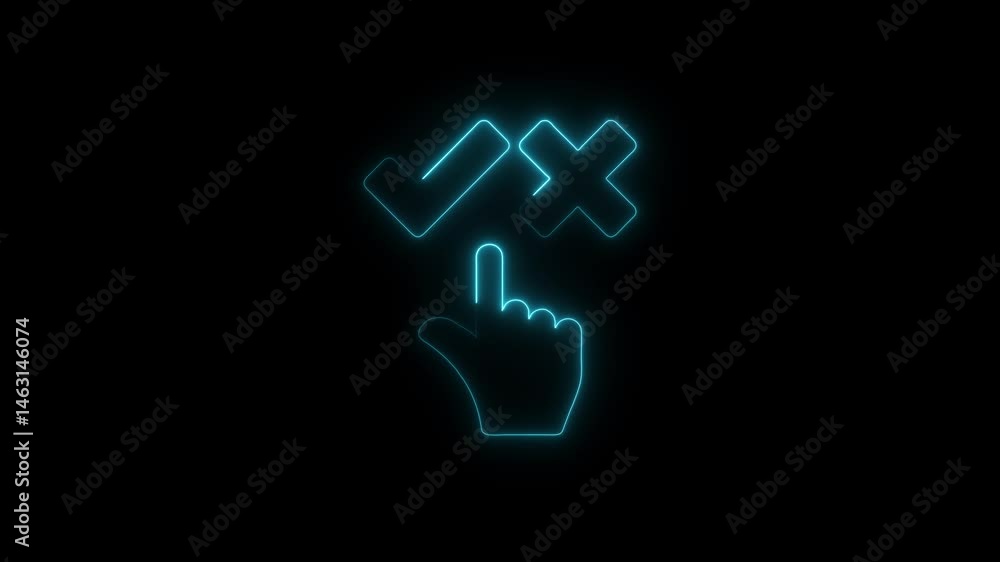 Poster neon hand selecting between checkmark and cross icon on black background