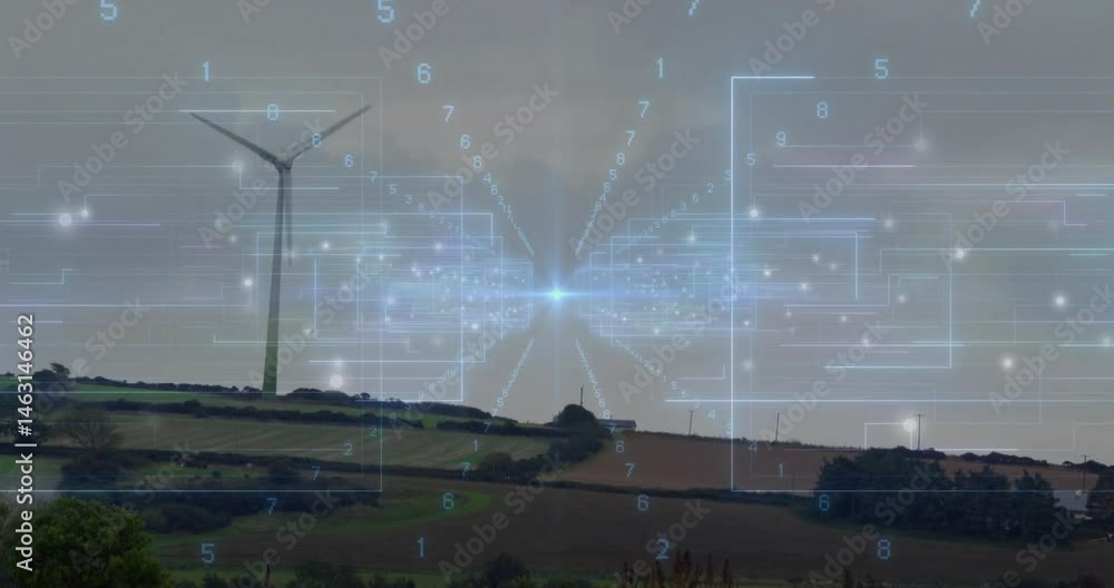 Poster wind turbine projecting futuristic data overlay across rolling farmland in flat design
