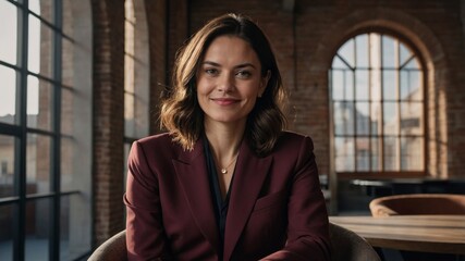 Fototapeta premium A confident and elegant brunette businesswoman in a burgundy suit sitting in a chair, embodying professionalism and style in a modern office
