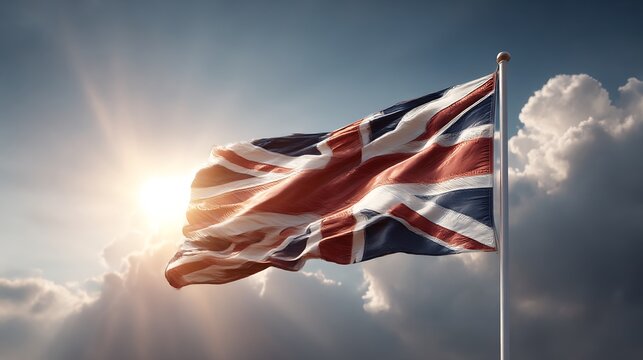 United Kingdom flag waving against a bright, cloud-strewn sky on a sunny day
