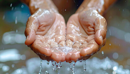Fototapeta premium Water's Gentle Embrace: A close-up shot captures the tender moment as water is held in cupped hands, highlighting the purity and gentle flow.