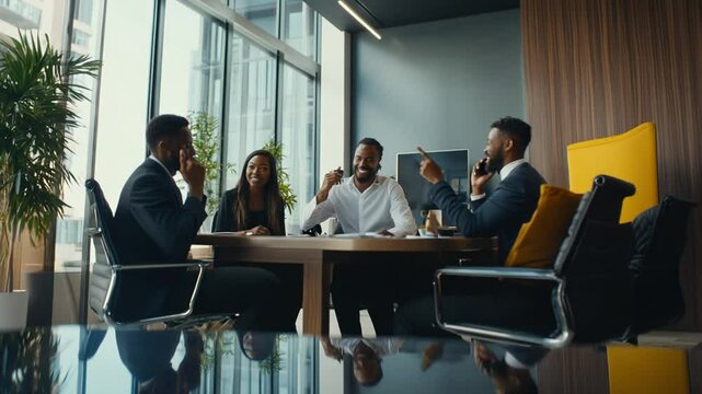 Group of diverse business professionals in a modern office having a productive meeting