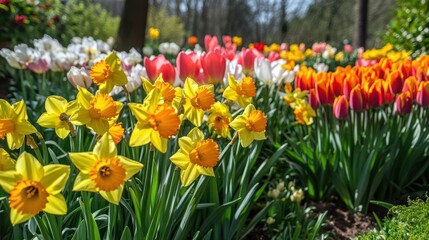 Vibrant tapestry of spring blooms in a Keukenhof-inspired garden landscape