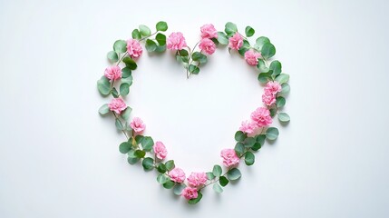 Obraz premium Romantic Pink Carnation Flower Heart Shape Floral Arrangement Elegant Design Pretty Delicate Botanical Eucalyptus Greenery White 