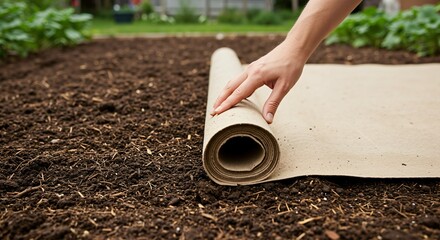 A person's hand carefully unrolls a large roll of brown biodegradable paper mulch onto a freshly tilled garden bed, preparing the soil for planting.