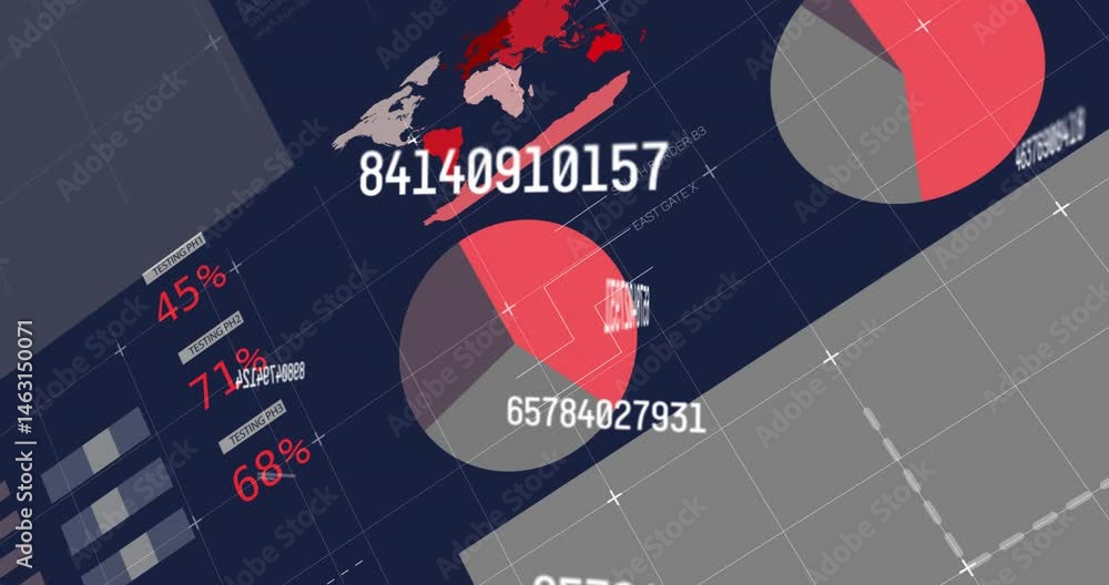 Poster flat design data dashboard displaying map highlighting red regions, pie charts overlaying metrics