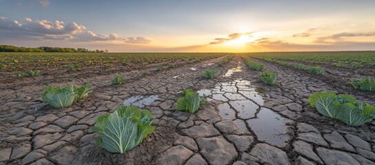 Sunset Over Arable Land With Cracks And Puddles