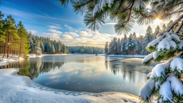 Serene winter landscape with a frozen lake surrounded by snow-covered evergreen trees and pine needles in the frosty air, evergreen trees, serene landscape