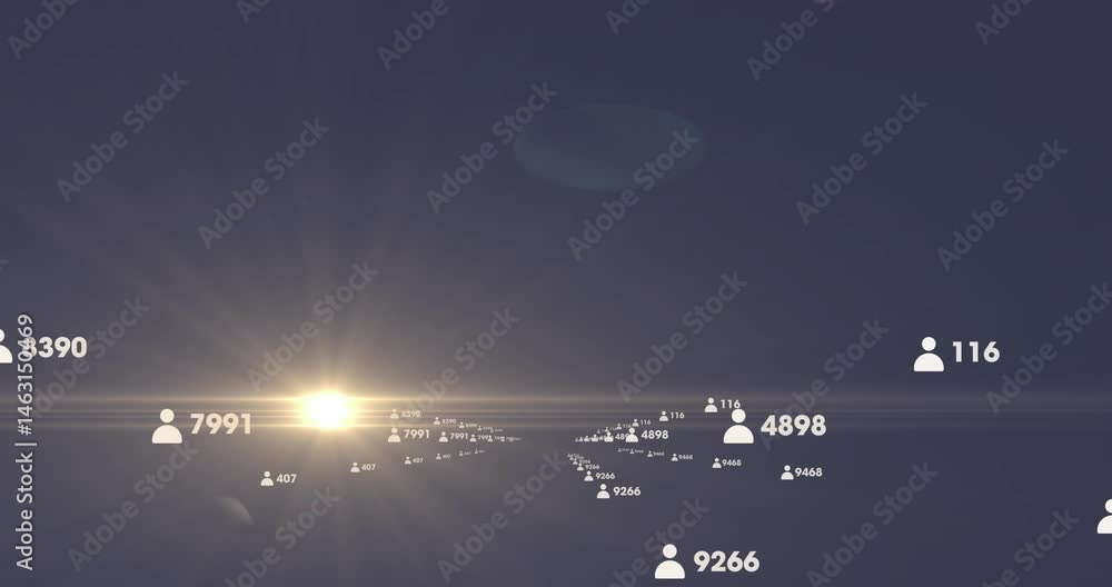 Aufkleber glowing sun-like light casting flares while floating user avatars receding across flat design plane