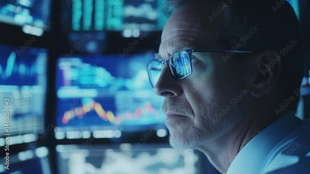 Aufkleber focused stock trader analyzing market trends on multiple screens for investment decisions