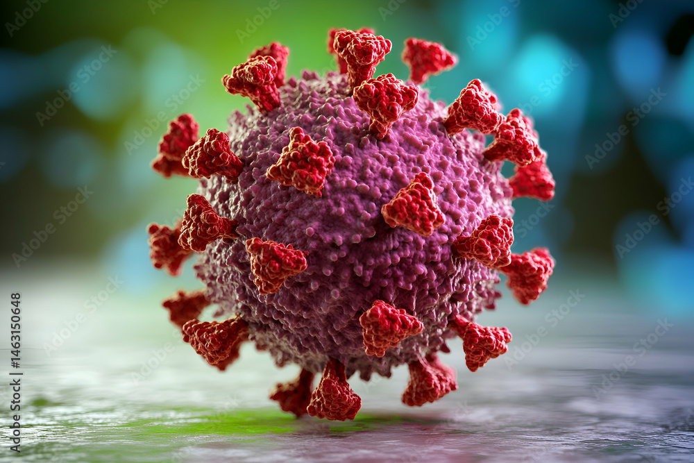 Poster microscopic view of a coronavirus particle. detailed 3d rendering of viral structure.