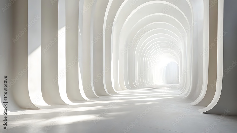 Aufkleber bright light illuminates a white curved architecture hallway creating a serene and spacious atmosphe